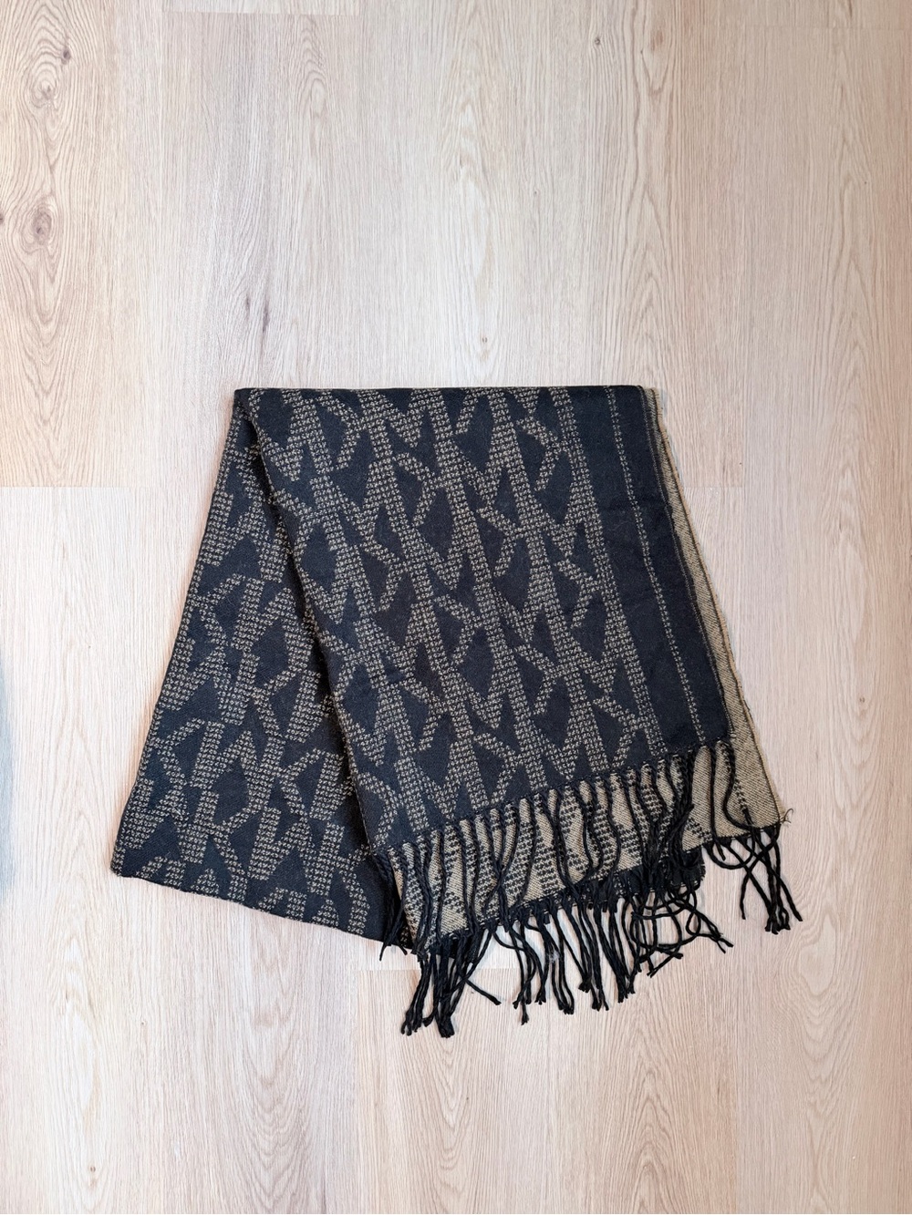 Michael Kors Black & Tan Monogram Fringe Scarf